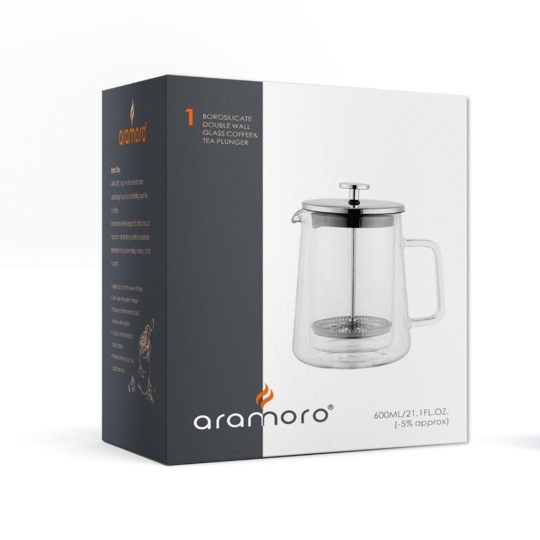 Aramoro Borosilicate Double Wall Glass Coffee & Tea Plunger With Glass Handle