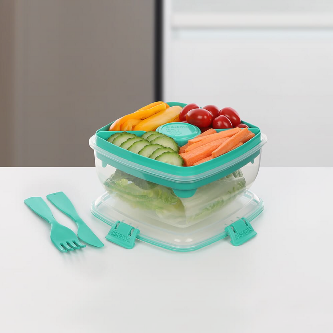 SISTEMA Salad To Go Box With Dividers Container For Dressing And Cutlery