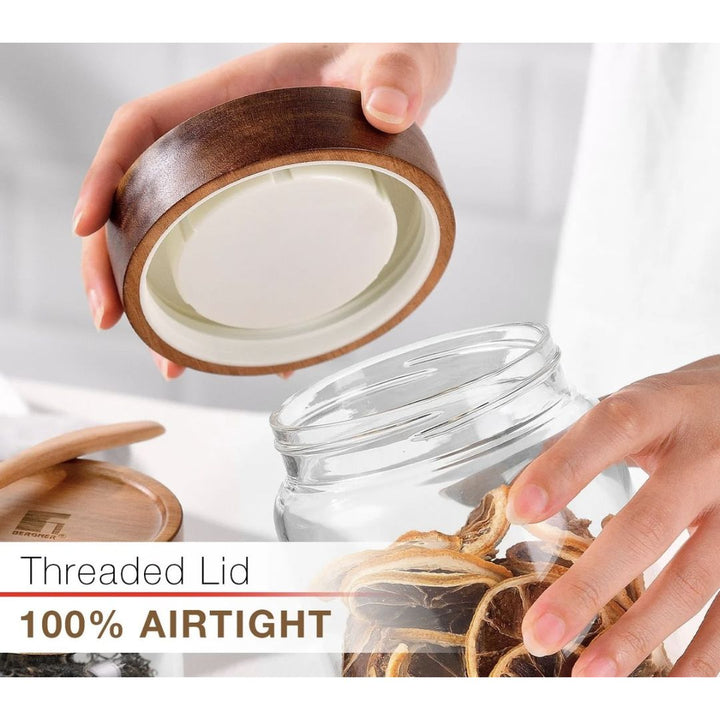 Lustroware High Borosilicated Stripes Glass Storage Jar with Acacia Lid