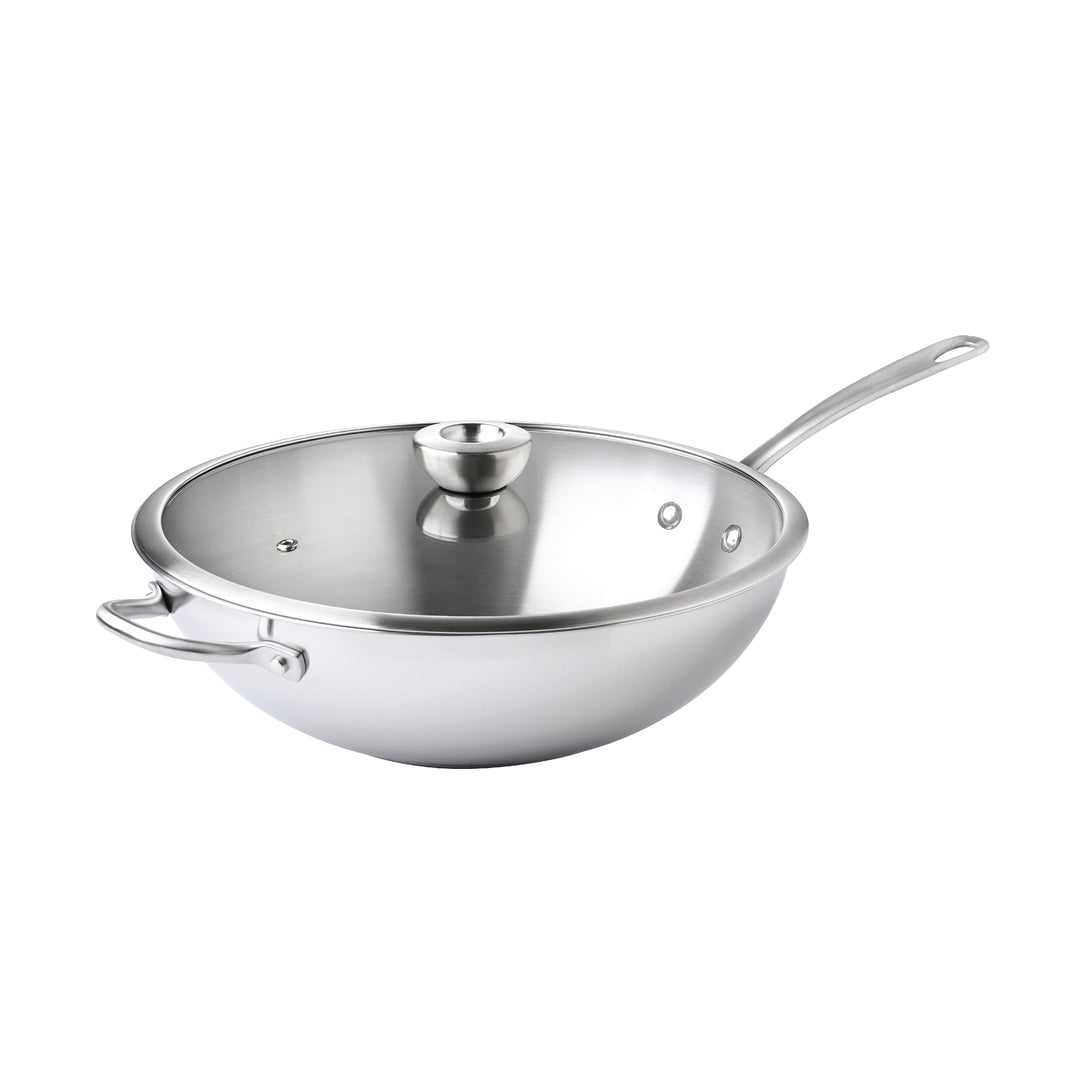 Meyer White Steel Stainless Steel 32cm Stirfry with Glass Lid and Helper Handle