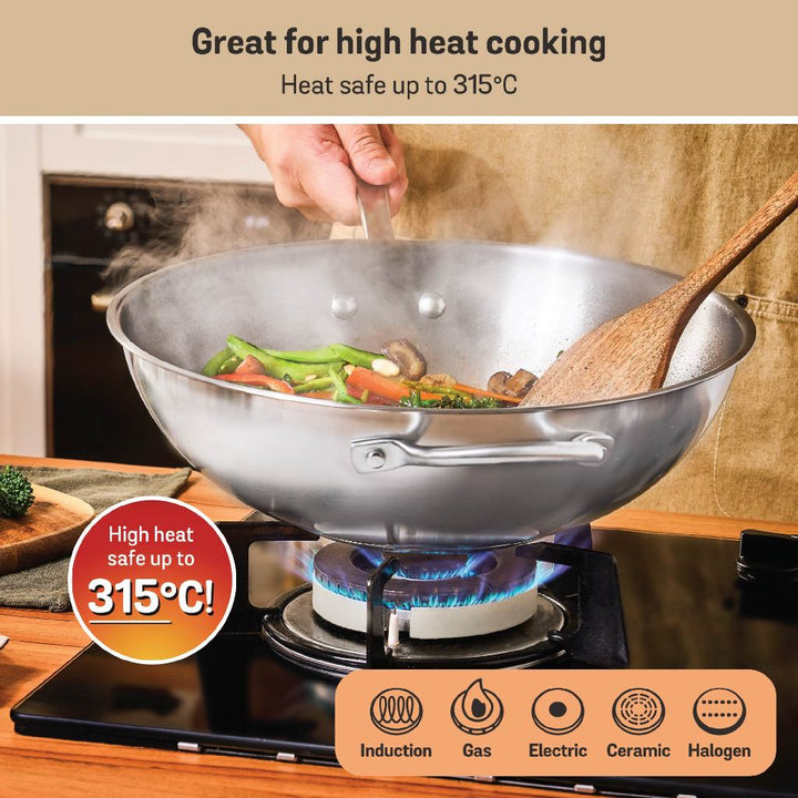 Meyer White Steel Stainless Steel 32cm Stirfry with Glass Lid and Helper Handle
