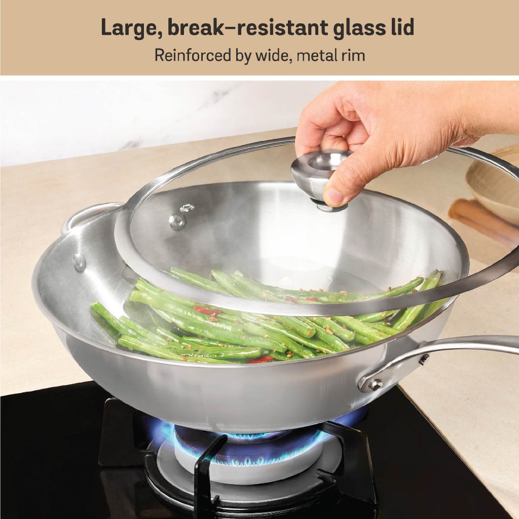 Meyer White Steel Stainless Steel 32cm Stirfry with Glass Lid and Helper Handle