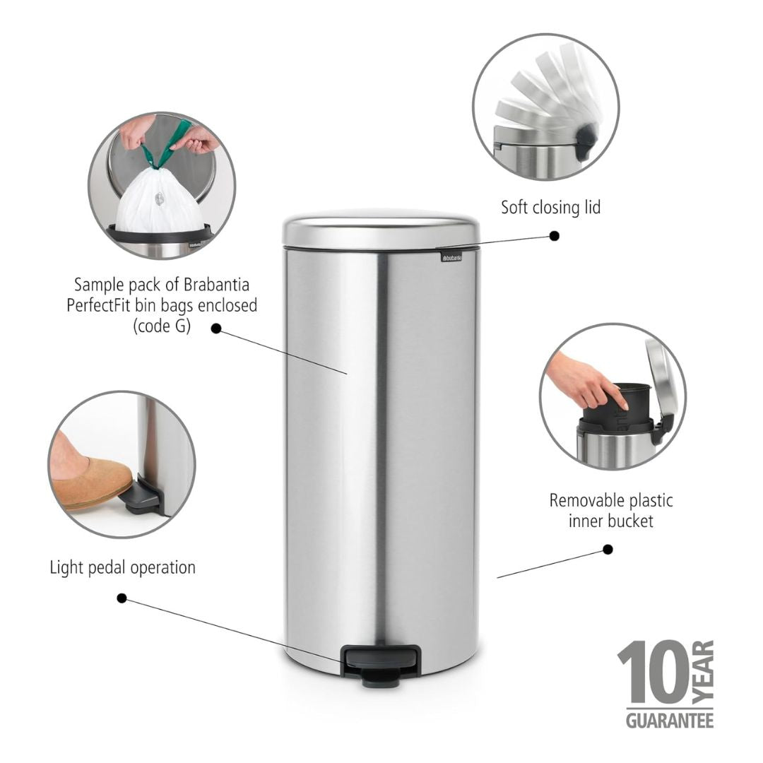 Brabantia Pedal Bin Newicon 30L Soft Closing Fingerprint Proof Matt Steel