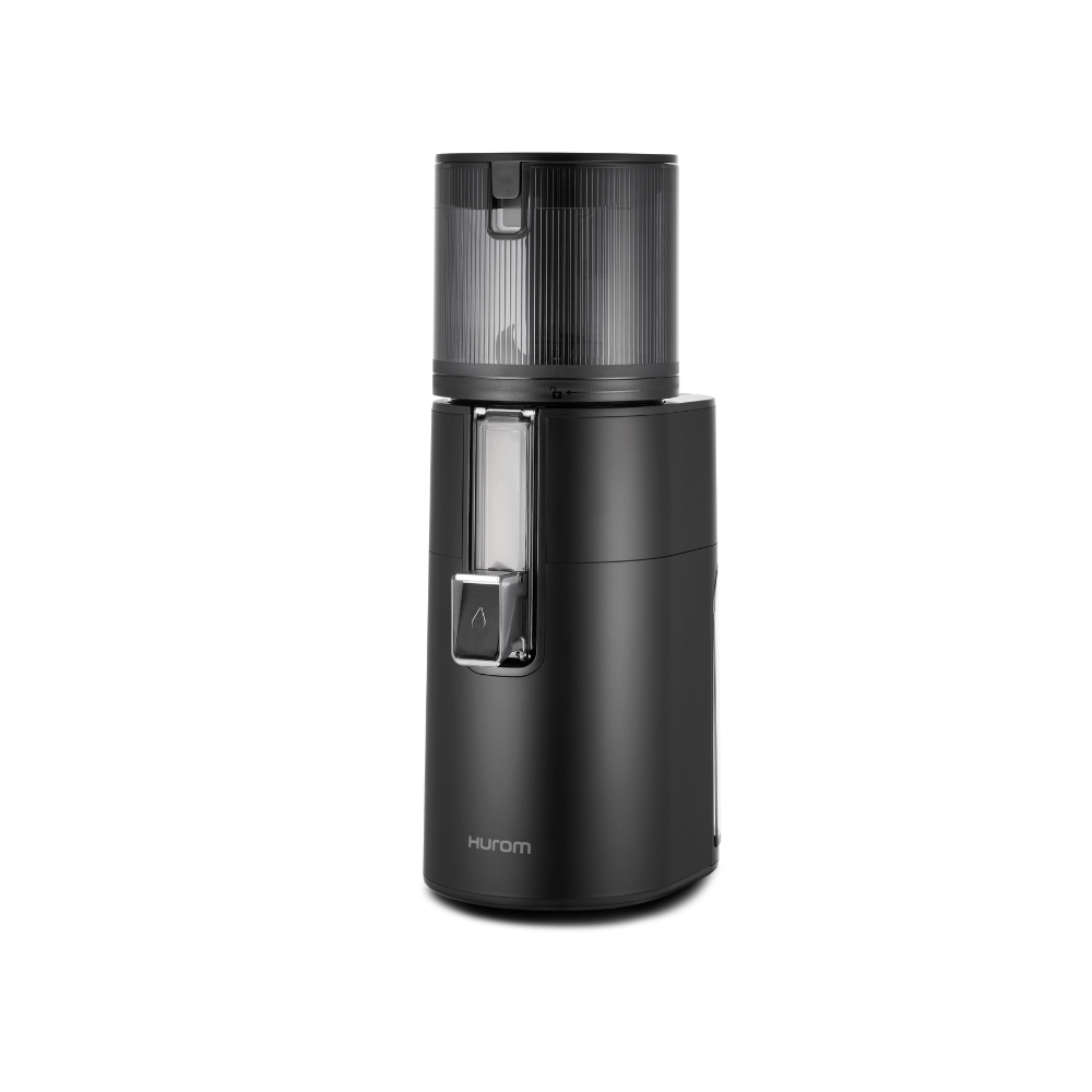 A matte black Hurom H400 Easy Clean Slow Juicer on a white background, showing the juicer's spout and hopper.