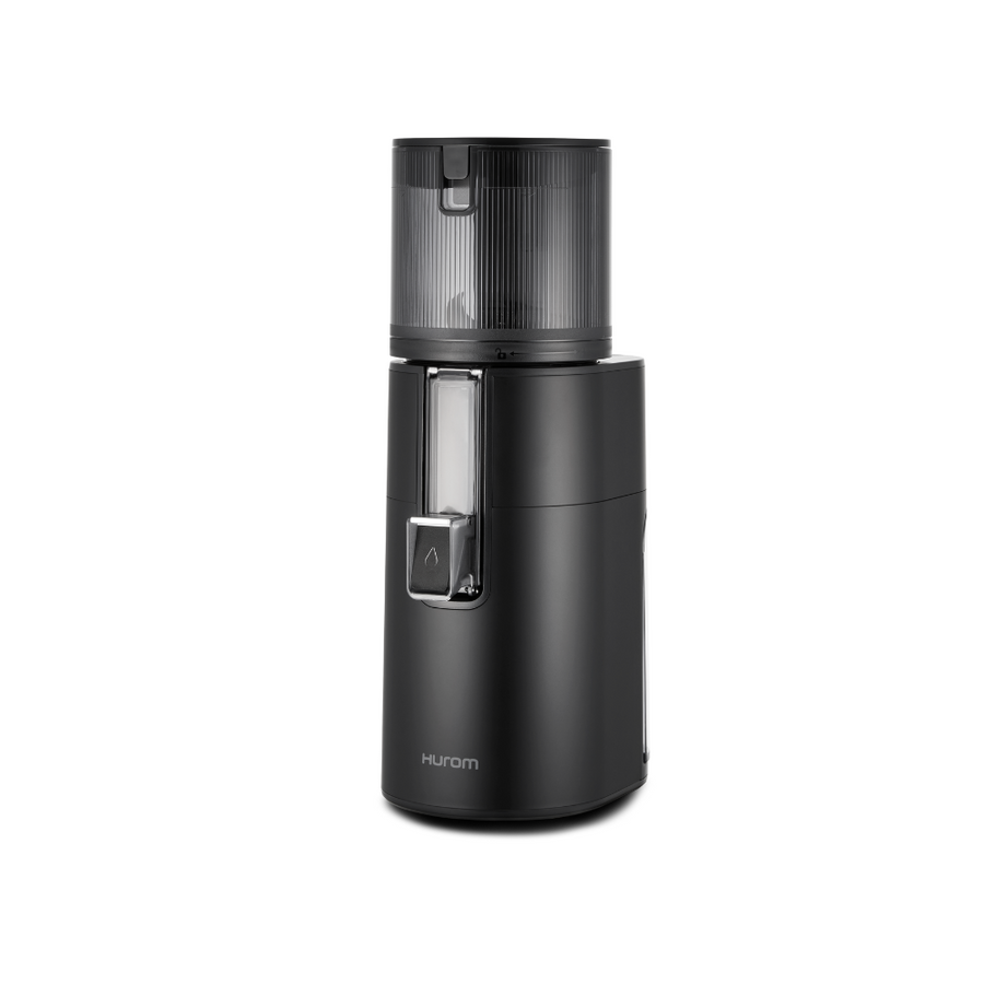 A matte black Hurom H400 Easy Clean Slow Juicer on a white background, showing the juicer's spout and hopper.