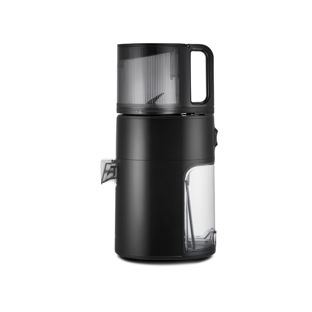 A matte black Hurom H400 Easy Clean Slow Juicer on a white background, showcasing a spout.