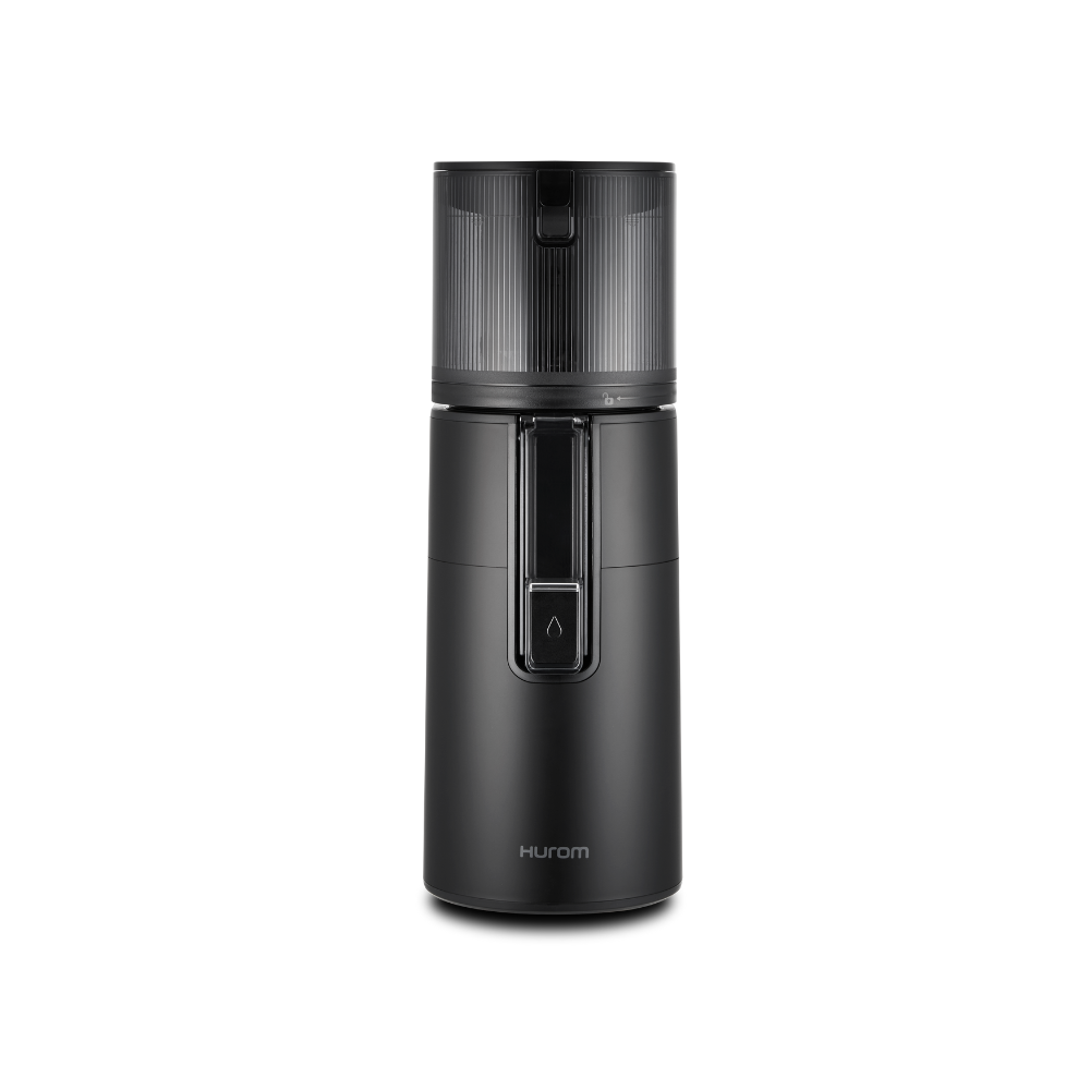 A matte black Hurom H400 Easy Clean Slow Juicer on a white background, facing the front.