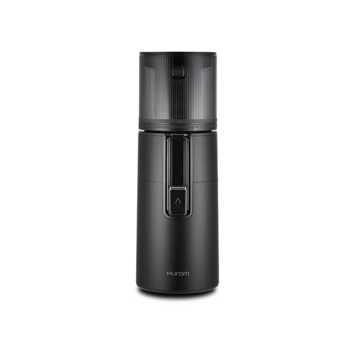 A matte black Hurom H400 Easy Clean Slow Juicer on a white background, facing the front.