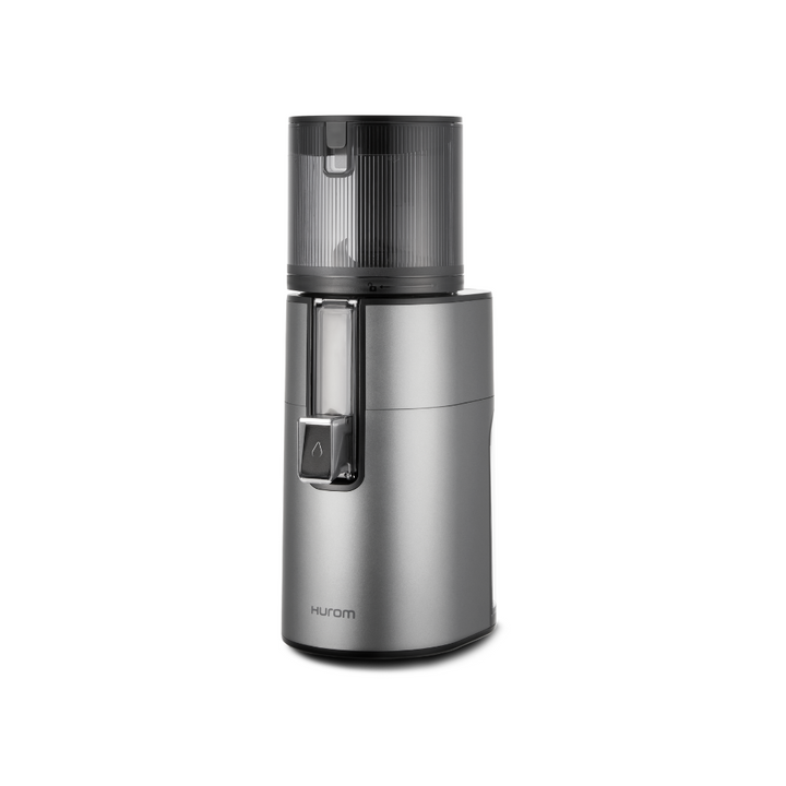 A titanium grey Hurom H400 Easy Clean Slow Juicer on a white background, facing the side.