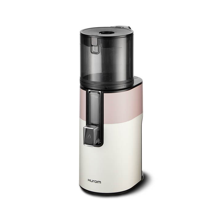 A white pink Hurom H400 Easy Clean Slow Juicer on a white background, facing the side.