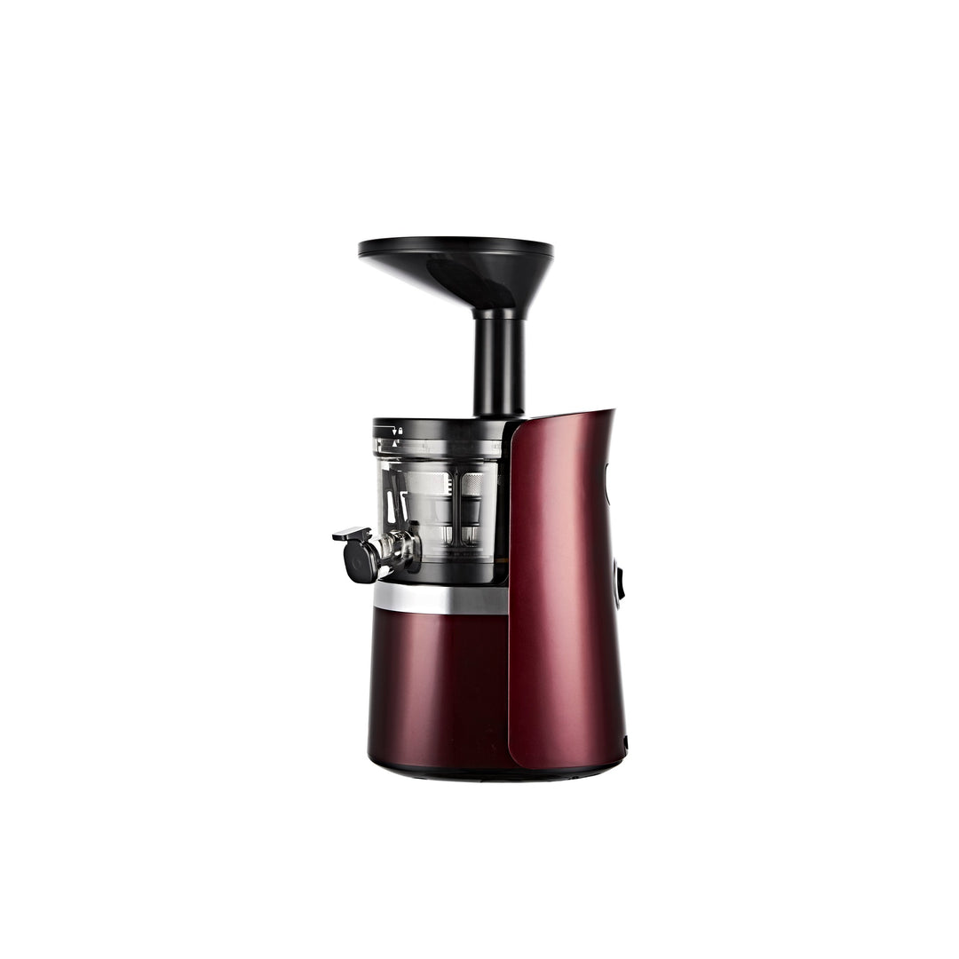 A red Hurom S13 Basic Series slow juicer with a clear chamber and black accents.