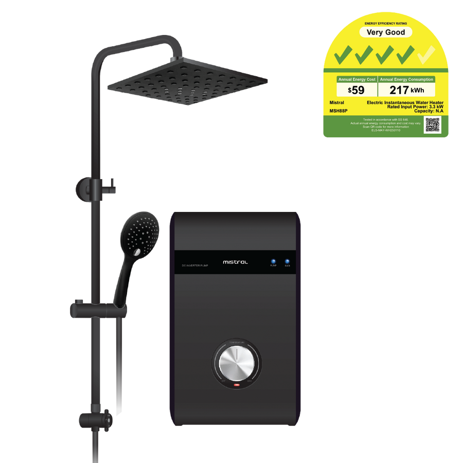 Mistral Shower Heater DC Pump MSH88MBK Black, With Black Rain Shower