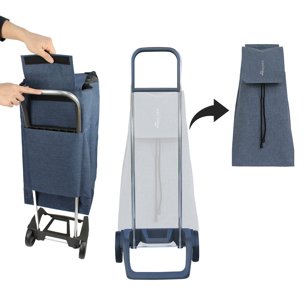 A navy blue Rolser Tweed shopping trolley with a folded version beside and a removed bag on the other side.