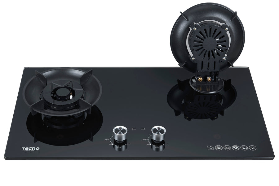 Toughened Glass Hob — Black — 76cm, V.V.S, Flip-up Burner, Timer; 2 Burners (2x Big)