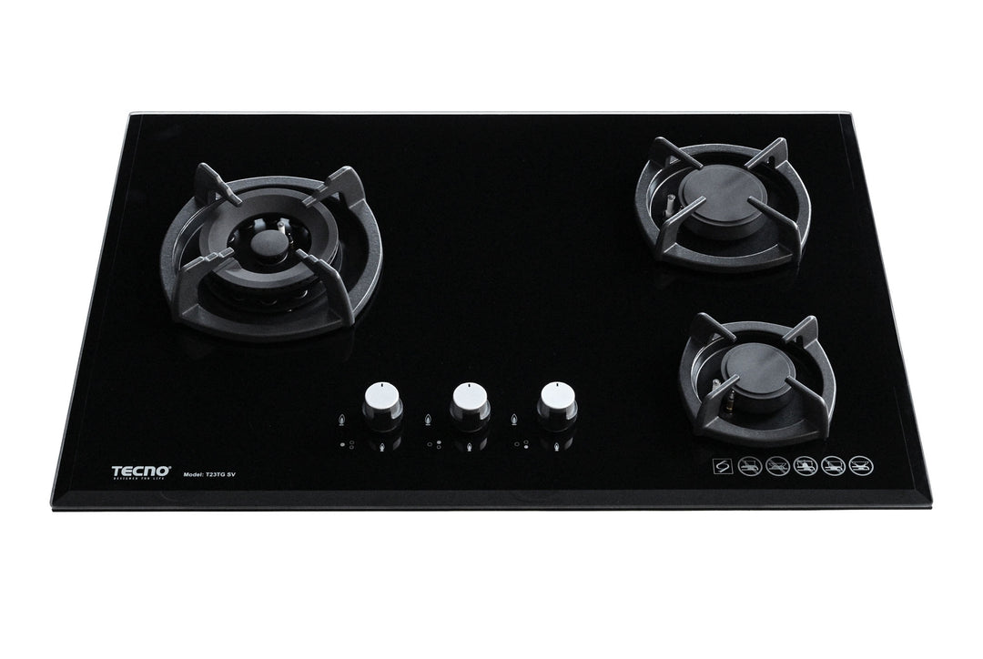 Toughened Glass Hob (SCHOTT) — Black — 75cm, V.V.S, INFERNO* (Big Burner); 3 Burners (1x Big, 1x Medium, 1x Small)