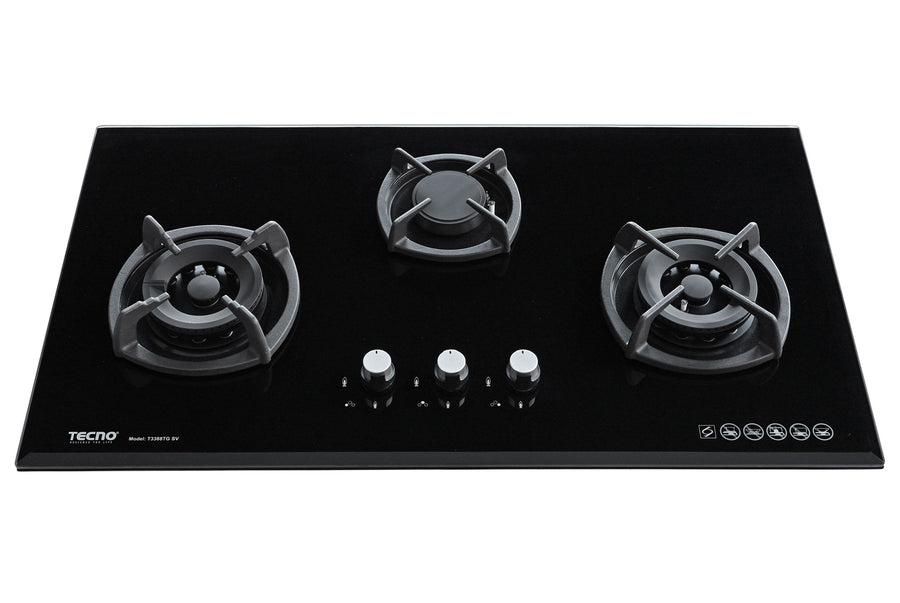 Toughened Glass Hob (SCHOTT) — Black — 88cm, V.V.S, INFERNO*; 3 Burner (2x Big, 1x Medium)