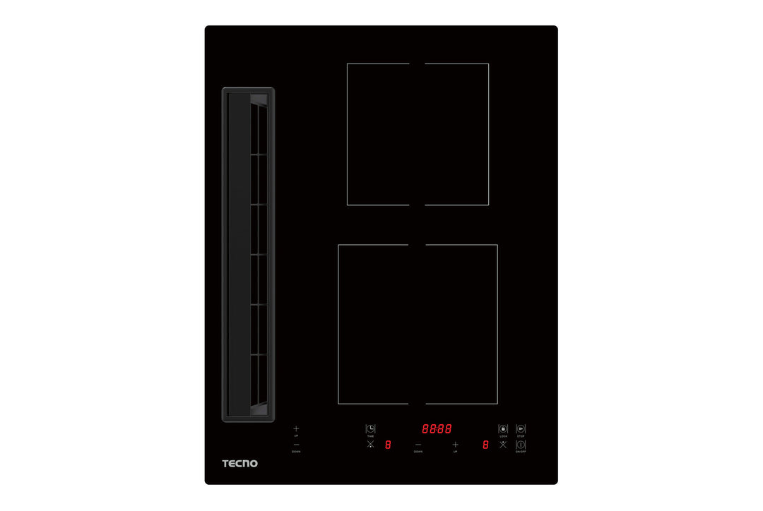 Induction Hob with Built-In Cooker Hood — Black Glass — 40cm, 2 zones, Power Sharing; Max: 2865W, 13Amp