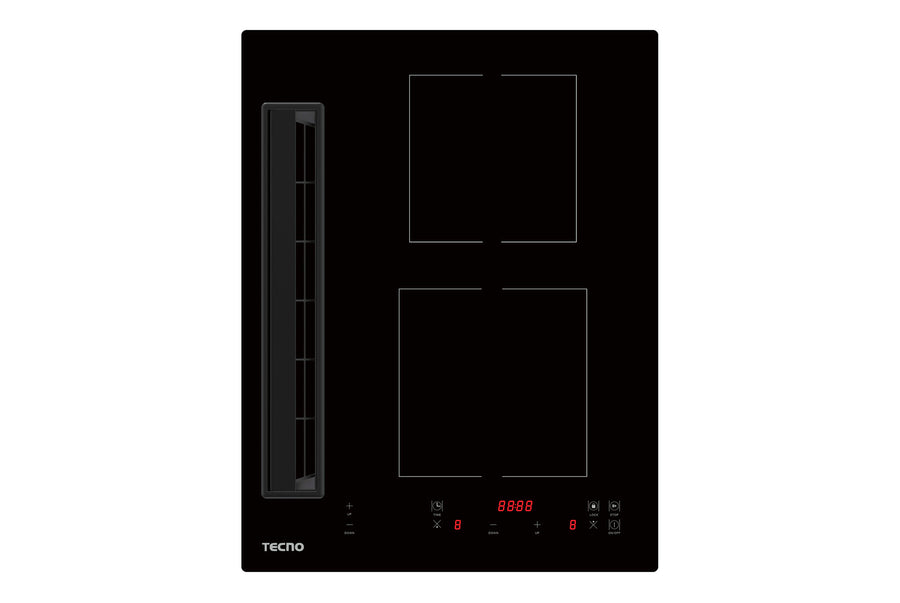 Induction Hob with Built-In Cooker Hood — Black Glass — 40cm, 2 zones, Power Sharing; Max: 2865W, 13Amp