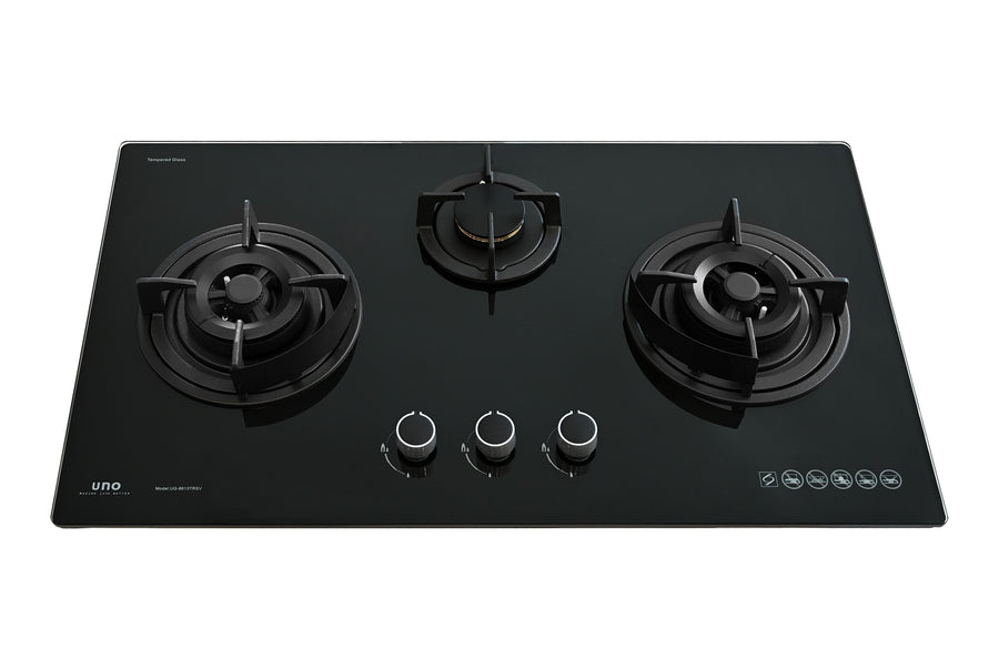 Toughened Glass Hob — Black — 86cm, 3 Burner, Glass; (2x Double Ring, 1 Small)