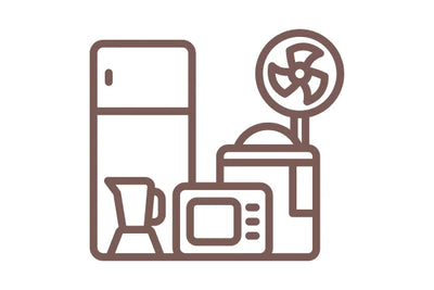 Icon of a refrigerator, blender, microwave, and fan on a white background