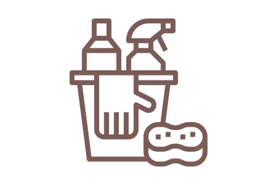 Icon of cleaning supplies including a bottle, spray bottle, and sponge on a white background.