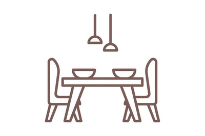 Icon of a dining table with chairs and bowls on a white background