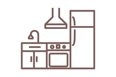 Icon of a kitchen with a refrigerator, sink, and stove on a white background