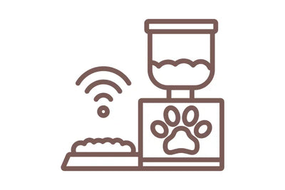 Icon of a pet feeder with a paw print design and a Wi-Fi symbol on a white background.