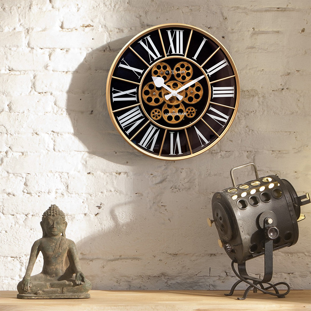 Jam Dinding NeXtime William Moving Gear 50cm (Emas/Hitam/Putih)