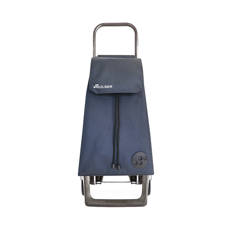 A blue Rolser Baby Joy Market & Shopping Trolley with a thermo bag, featuring an aluminum frame, two wheels, and a drawstring closure.