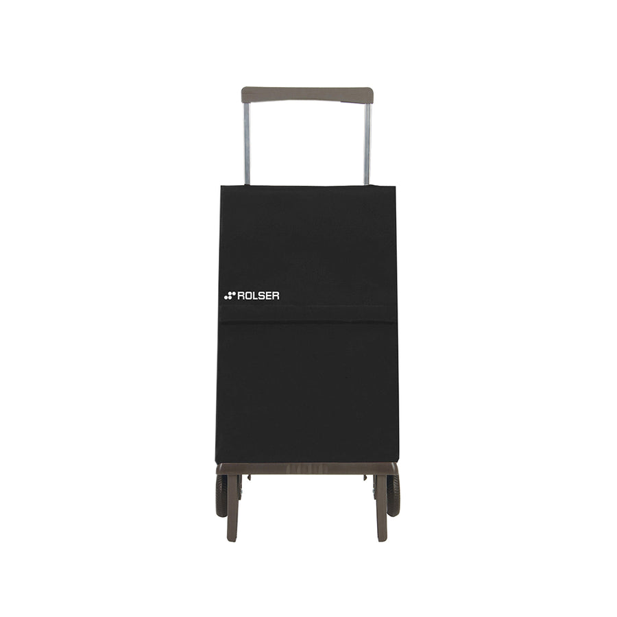 A black foldable Rolser Plegamatic shopping trolley with an aluminum frame and water resistant polyester bag, featuring two wheels and a pull handle.