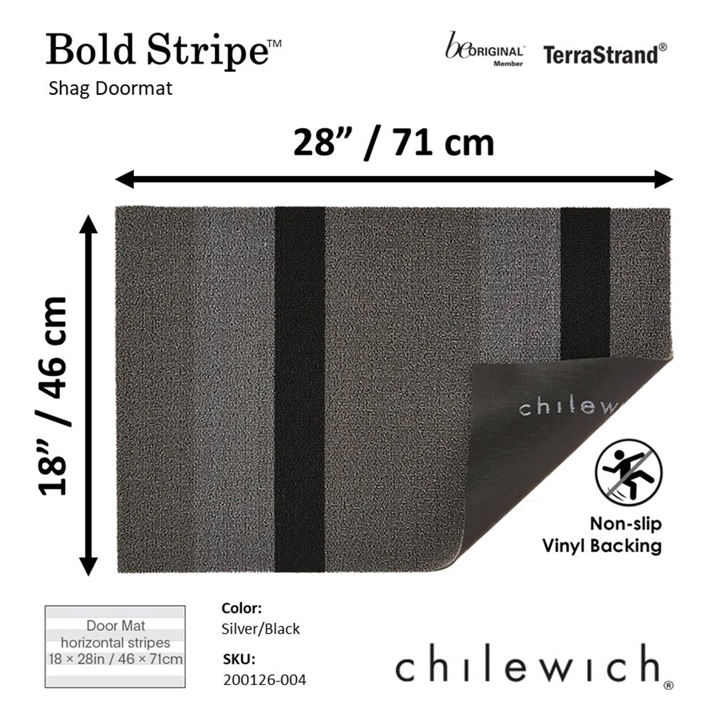 CHILEWICH TerraStrand¬Æ Microban¬Æ Tikar Pintu Jalur Tebal, 46 x 71 sm, Perak/Hitam